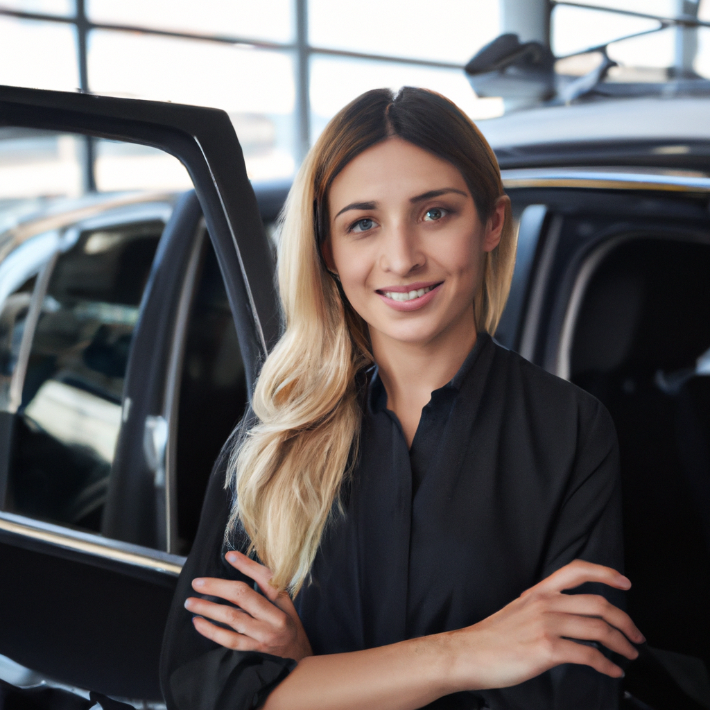 Cliente mulher satisfeita com carro de luxo